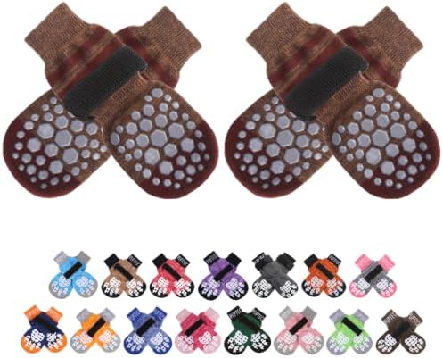 PUPTECK Anti-Slip Dog Socks with Double Sides for Small Medium Large Dogs Hardwood Floors Prevents Licking, Dog Shoes for Hot Pavement Traction Control Paw Protector for Senior Dogs, Striped Brown XS