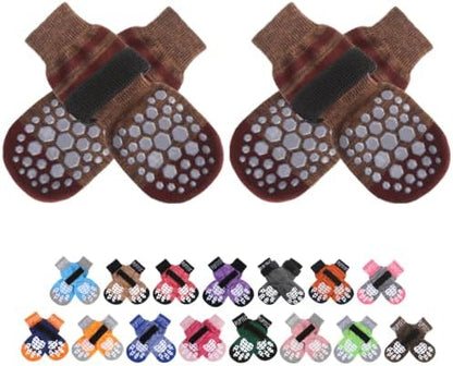 PUPTECK Anti-Slip Dog Socks with Double Sides for Small Medium Large Dogs Hardwood Floors Prevents Licking, Dog Shoes for Hot Pavement Traction Control Paw Protector for Senior Dogs, Striped Brown XS