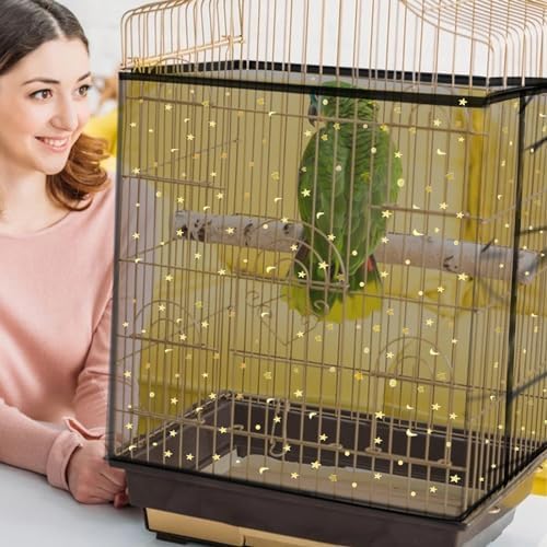 Daoeny Bird Cage Seed Catcher, Large Bird Cage Cover, Adjustable Soft Airy Nylon Mesh Net, Birdcage Cover Skirt Seed Guard for Parrot Parakeet Macaw African Round Square Cages (Black, Sequins Star)