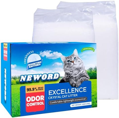 NEWORD Non-Clumping Crystals Cat Litter, Superior Odor Control Silica Gel Litter, Low Tracking & Dust-Free, Soft-On-Paws, Unscented, 14 lbs (2 Packs of 7lb Bags)