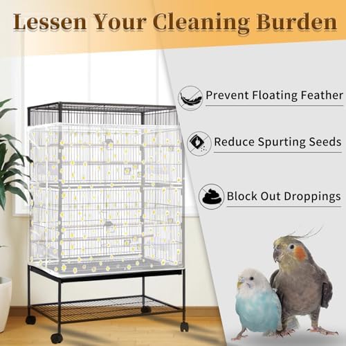 Daoeny Bird Cage Seed Catcher, Large Bird Cage Cover, Adjustable Soft Airy Nylon Mesh Net, Birdcage Cover Skirt Seed Guard for Parrot Parakeet Macaw African Round Square Cages (White, Daisy Design)
