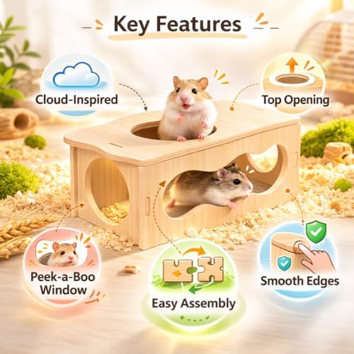 Medium Wooden Hamster Inspired Tunnel with Side & Top Windows Tunnel Toy Dreamy Cloud-Inspired Hideout with Smooth Streamlined Design – Natural Hideout Tube for Dwarf and Syrian Hamsters, Gerbils