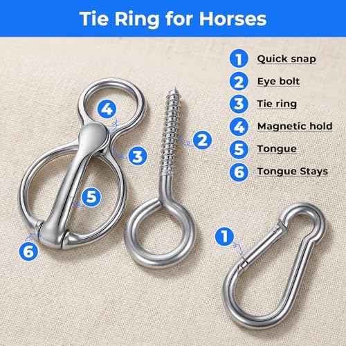 2 Sets Horse Tie Ring, Stainless Steel Magnetic Tie Ring for Horses, Safe Horse Training Equipment with Eye Bolt & Quick Snap, Horses Tack Supplies for Stables, Trailers, Fences