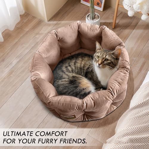ClevaHome Deep Nest Cat Beds for Indoor Cats, Washable Round Cat Bed, Cute Kitten Bed with Anti-Slip Bottom for Kitty and Puppy, 20inches, Warm Beige
