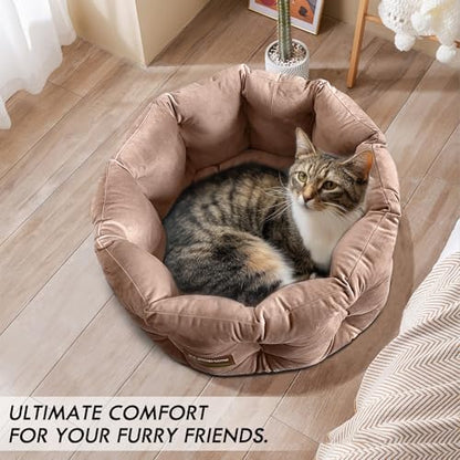 ClevaHome Deep Nest Cat Beds for Indoor Cats, Washable Round Cat Bed, Cute Kitten Bed with Anti-Slip Bottom for Kitty and Puppy, 20inches, Warm Beige