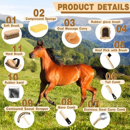 Abbylike 12 Pieces Horse Grooming Kit Equine Care Brushes, Khaki