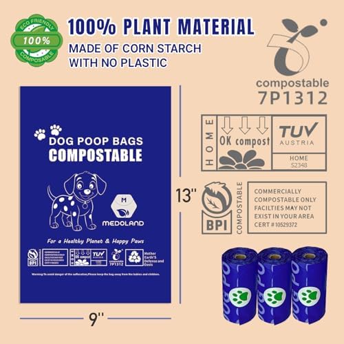 Compostable Dog Poop Bags BPI Certified Biodegradable Pet Waste Bags Leak-Proof Thickened and Opaque Eco Design (7 rolls & a dispenser)