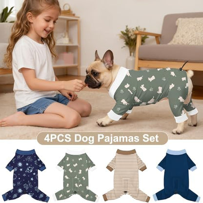 Bienbee Dog Pajamas, 4 Pack Dog Recovery Suit Shedding Suit Cute Soft Puppy Clothes Dogs Pjs Onesies Jammies Adjustable Breathable & Stretchy Clothes for Small Medium Large Dogs Girl Boy Puppy-2XL