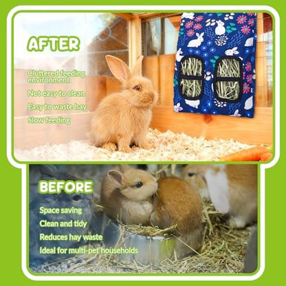 3 Pcs Rabbit Hay Feeder, 2-Hole Hanging Guinea Pig Hay Bags Washable Bunny Hay Bag for Rabbits, Chinchillas, Hamsters, Small Pets and Animals (11.8"×8.7")