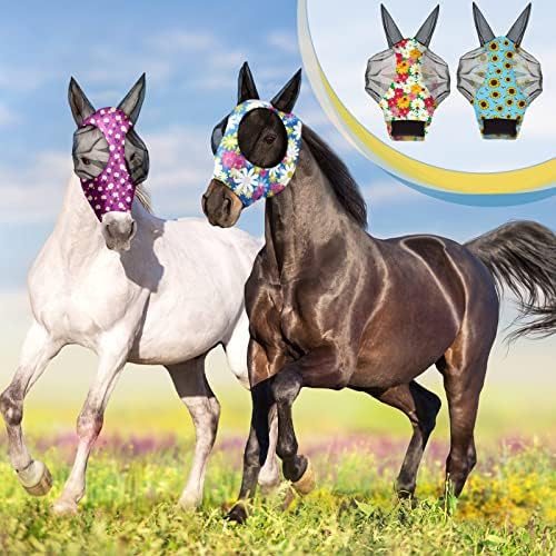 Frienda 4 Pcs Horse Fly Mask with Ears Mesh Comfort, Flower, Medium