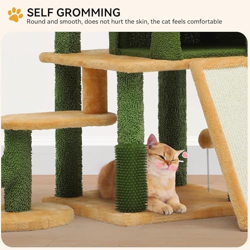 YITAHOME Tall Cactus Cat Tree Tower with Self-Grooming Brush, 60in Cute Cat Climbing Tower for Indoor Cats with Cat Condo, Top Perch, Basktet, Sisal Scratching Posts and Board, Dangling,Ball