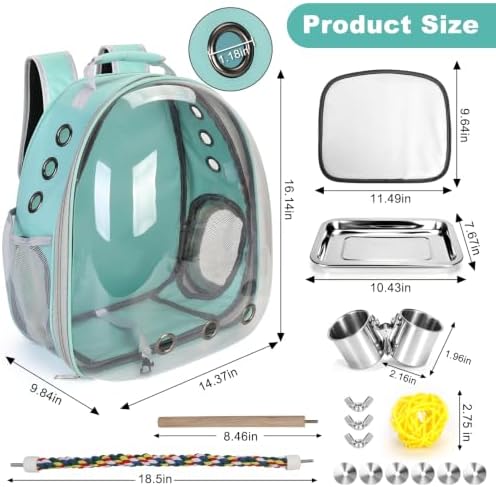 Bird Travel Carrier, Bird Backpack Cage with Rope & Wood Perches Tray Food Bowl, Portable Clear Bubble Window Breathable Mesh Bag for Small Medium Parrots Cockatiel Parakeet Budgies Conures Lovebirds