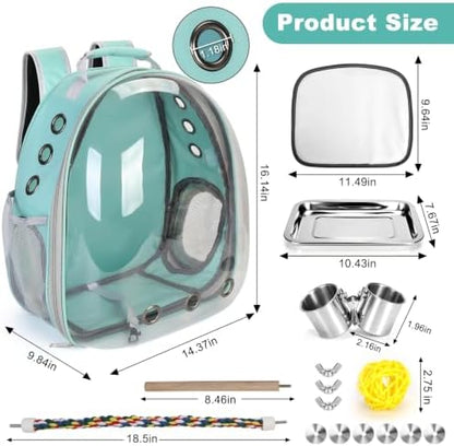 Bird Travel Carrier, Bird Backpack Cage with Rope & Wood Perches Tray Food Bowl, Portable Clear Bubble Window Breathable Mesh Bag for Small Medium Parrots Cockatiel Parakeet Budgies Conures Lovebirds