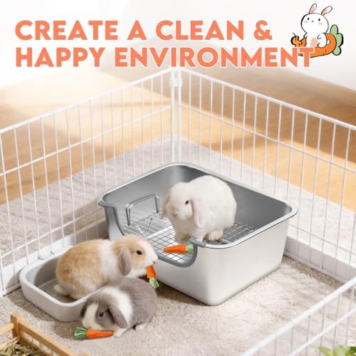 Large Stainless Steel Rabbit Litter Box with Handle - Low Entry Bunny Litter Box for Adult Guinea Pigs, Chinchillas - Includes Pee Pads, Cleaning Set & Chew Toys (15.7" x 11.8" x 5.9")