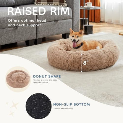 DUMOS 37.4 Inch Large Donut Dog Bed for Indoor Use, Fluffy Faux Fur Plush