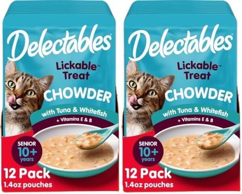 Delectables Lickable Treat Chowder Senior 10+ Wet Cat Treat with Real Tuna & Whitefish, Food Topper, Hydrating, Grain-Free, No Fillers, By-Products, Added Preservatives, 1.4oz Pouch (Pack of 24)