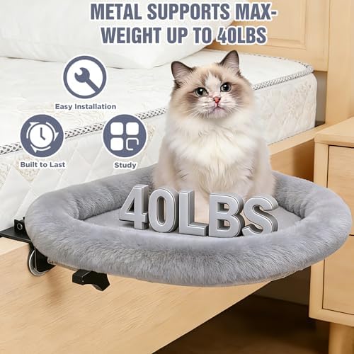 IPOW Heavy Duty Steel Frame 180°Rotating Cat Bedside Bed Semi-Circular Cat Bed for Bedside, Soft Faux Rabbit Fur Material, Suitable for Various Desktops-Maximum Hold Up to 40lb