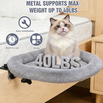 IPOW Heavy Duty Steel Frame 180°Rotating Cat Bedside Bed Semi-Circular Cat Bed for Bedside, Soft Faux Rabbit Fur Material, Suitable for Various Desktops-Maximum Hold Up to 40lb