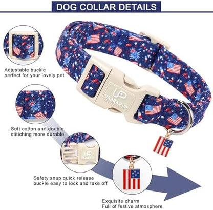 American Flag Dog Collar, 4th of July Cotton Patriotic Pet Collar, Adjustable Durable Quick Release Buckle with Charm for Small Medium Large Dogs