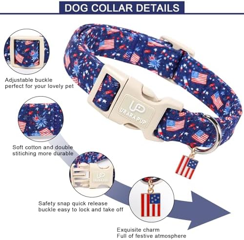 American Flag Dog Collar, 4th of July Cotton Patriotic Pet Collar, Adjustable Durable Quick Release Buckle with Charm for Small Medium Large Dogs