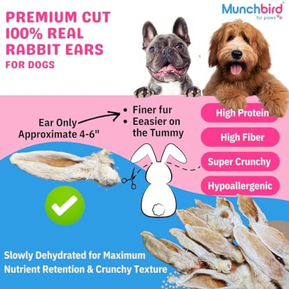 Munchbird Dehydrated Rabbit Ears for Dogs, Bulk, 35-45 Pieces, 10.5 oz, Natural Fiber