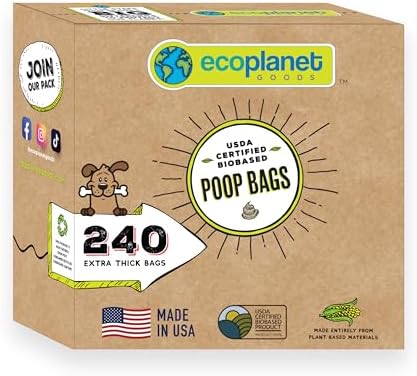 Compostable Dog Poop Bags I 240 Bags I Made in USA I Completely Biodegrades 90 Days After Use I 100% Plant Based I Eco-Friendly I Extra Strong, Leak Proof, 9”x12”, Premium Thickness