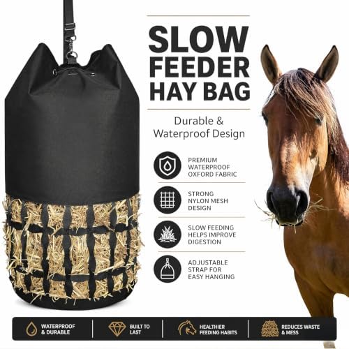 Hay Bags for Horses Slow Feed, Cylindrical Hay Net with Rounded Diamond Mesh, Durable Oxford Horse Hay Feeder Bag with Drawstring Top & Adjustable Strap for Goats Donkeys Livestock