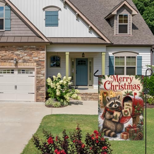 Christmas Raccoon House Flag 28x40 Inch Merry Holiday Mailbox Cards Scarf Gifts Snowy Rustic Farmhouse Outdoor Yard Lawn Porch Double Sided Banner Winter Welcome Decor
