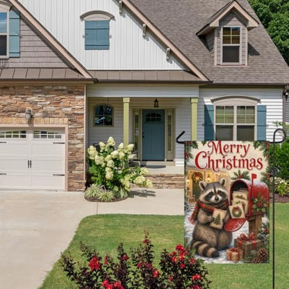 Christmas Raccoon House Flag 28x40 Inch Merry Holiday Mailbox Cards Scarf Gifts Snowy Rustic Farmhouse Outdoor Yard Lawn Porch Double Sided Banner Winter Welcome Decor