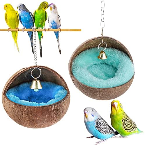 2 Pack Natural Coconut Shell Bird Nest with Pads for Small Parrots