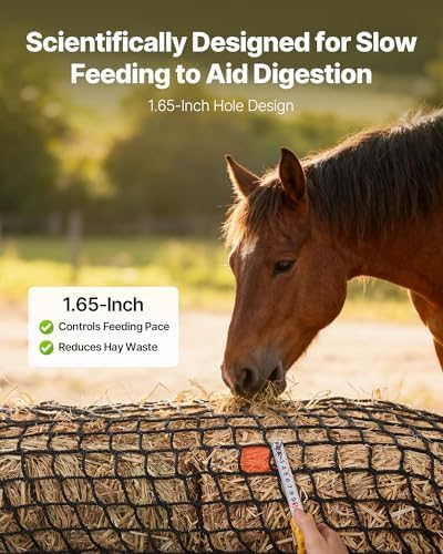 VEVOR Round Bale Hay Net, 5.91 x 5.91 x 5.91 ft, 1.65 inch Holes, PE Material, Knotless Design, with Zip Ties, Needle Shuttle, Repair Twine and Storage Bag, Slow Feeder Round Bale Net for Horses