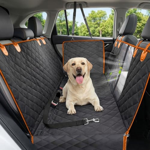 Dog Car Seat Cover, 600D Heavy Dute Car Seat Cover for Dogs Pets, 100% Waterproof Anti-Scratch Nonslip Dog Hammock for Cars, Seat Covers Protector with Seatbelt for Sedan SUV Truck XL Orange&Black