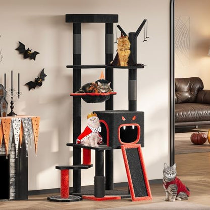 YITAHOME Gothic Cat Tree with Coffin Bed, 60" Tall Cat Tower for Indoor Cats with Top Perch, Spacious Cat Condos, Spider Hanging Balls,Comfy Basket, Scratching Post and Ladder, Black Halloween