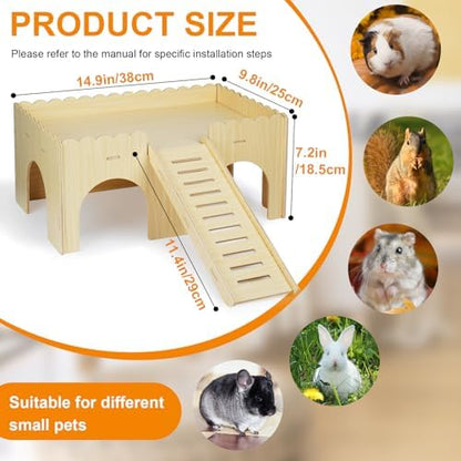 Large Guinea Pig Hideout, Upgraded Wooden Guinea Pig Castle with Guinea Pig ramp, Easy to Assemble Guinea Pig House for Small Animal House Habitat or Hamster Hideout/Rabbit Hideout