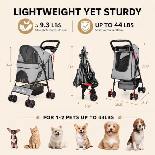 Dog Stroller, Pet Stroller with 4 Wheels, Foldable Dog Strollers for Small Medium Dogs & Cats, Cat Stroller with Storage Basket, Breathable Mesh, 360° Wheels & Rear Brakes Grey