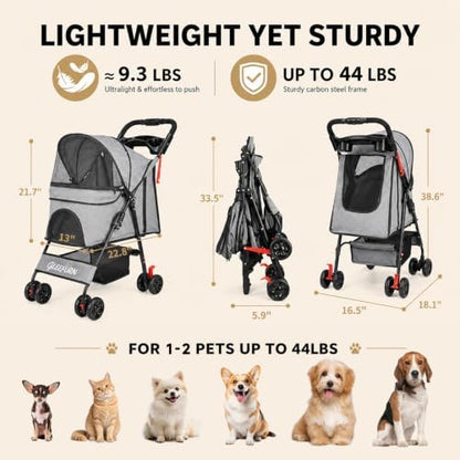 Dog Stroller, Pet Stroller with 4 Wheels, Foldable Dog Strollers for Small Medium Dogs & Cats, Cat Stroller with Storage Basket, Breathable Mesh, 360° Wheels & Rear Brakes Grey