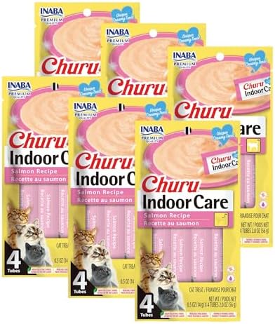 INABA Churu Indoor Care for Hairball Control, Functional Lickable Cat Treat with Taurine & Green Tea Extract, 0.5oz Each, 24 Tubes Total, Salmon Recipe