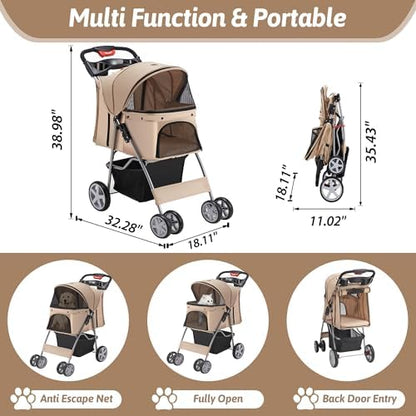 Foldable Pet Stroller 4 Wheels for Small Medium Dogs Cats,Khaki