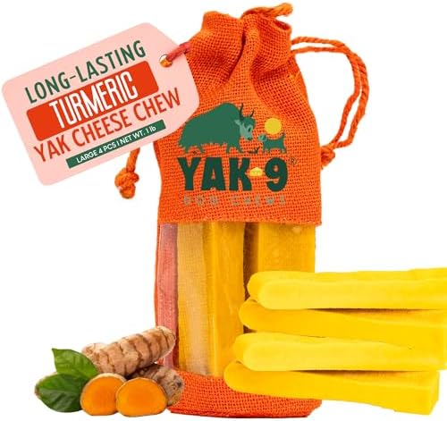 Yak Cheese Dog Chews with Turmeric for Hip & Joint Support | High Protein, Non Rawhide Dog Chews Long Lasting | Non GMO, Gluten Free, Grain Free | Large Size, 4 PC Bag