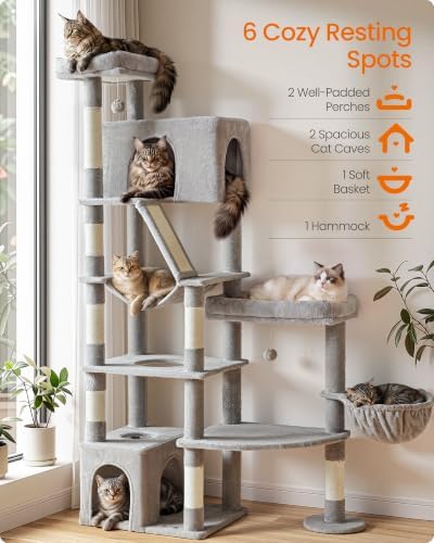 Feandrea Large Cat Tree, 74.1" Tall Sturdy Cat Tower for Indoor, Dove Gray