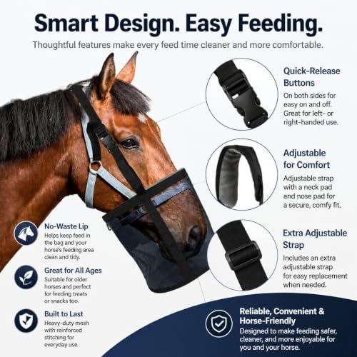Horse Feed Bag,Heavy Duty Muzzle Feed Bag with Adjustable Strap,Comfort Neck Pad,Nose Pad and Double Waterproof Bottom Mesh Feed Bags for Horse Pack of 2 (Dark Blue & Grey)