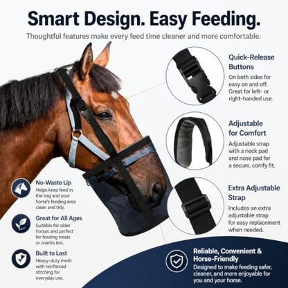 Horse Feed Bag,Heavy Duty Muzzle Feed Bag with Adjustable Strap,Comfort Neck Pad,Nose Pad and Double Waterproof Bottom Mesh Feed Bags for Horse Pack of 2 (Dark Blue & Grey)