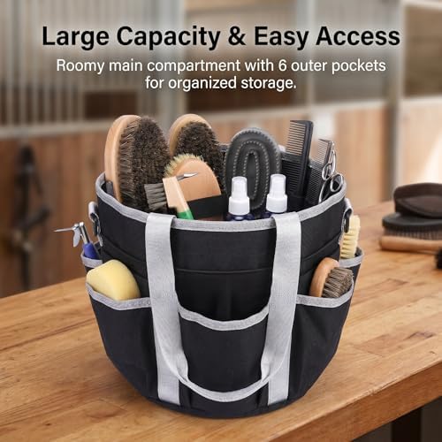 Horse Grooming Tote Bag with 6 Pockets & Drawstring Closure, Portable Grooming Bag for Horses, Waterproof Tack Bag with Shoulder Strap for Horse Grooming Supplies, Equestrian Grooming Kit Organizer