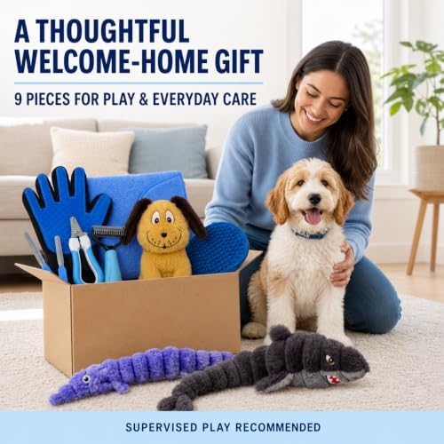 9-Piece Puppy Starter Kit with Squeaky Toys and Grooming Tools, Gift Basket