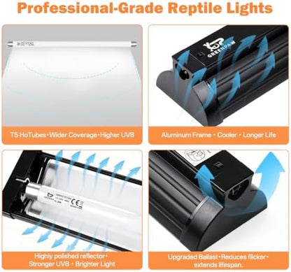 T5 10.0 UVB Reptile Light Fixture Combo Kit 39W 34'', with UV Sensor Card