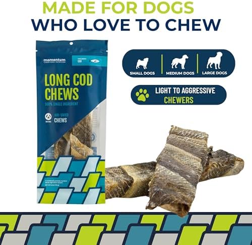 Momentum Carnivore Nutrition Long Cod Dog Chews – Single Ingredient Icelandic Cod Skin Treats – Natural Dental Support, High-Protein Fish Chews - 4.2 oz Bag