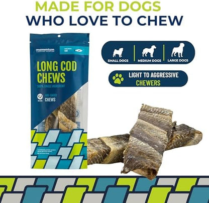 Momentum Carnivore Nutrition Long Cod Dog Chews – Single Ingredient Icelandic Cod Skin Treats – Natural Dental Support, High-Protein Fish Chews - 4.2 oz Bag