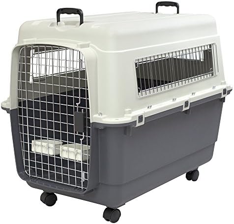 SportPet Airline Compliant X-LARGE 32.25" Travel Dog Kennel-Durable Plastic Airline Pet Carrier w/Removable Wheels & Food Bowls, Collapsible Indoor/Outdoor Dog Kennel, Dog up to 32"L & 23"H-Cream/Gray