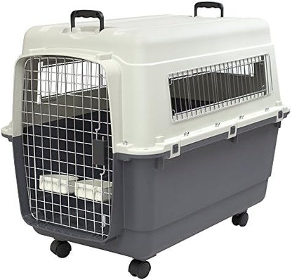 SportPet Airline Compliant X-LARGE 32.25" Travel Dog Kennel-Durable Plastic Airline Pet Carrier w/Removable Wheels & Food Bowls, Collapsible Indoor/Outdoor Dog Kennel, Dog up to 32"L & 23"H-Cream/Gray