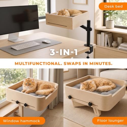 3-in-1 Cat Desk Bed, Cat Window Hammock & Elevated Floor Bed – Wooden Window Perch & Seat, American Oak Finish, 2 Plush Mats, Holds 28 lbs
